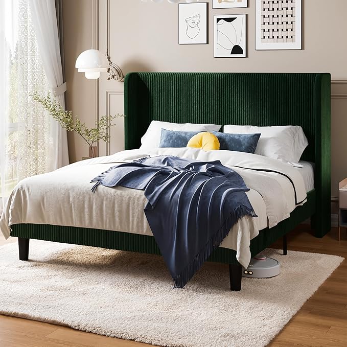 Allewie Full Size Bed Frame with Upholstered Wingback Headboard, Vertical Channel Tufted Corduroy Velvet Platform Bed, Strong Wooden Slats Support, No Box Spring Needed, Easy Assembly, Dark Green