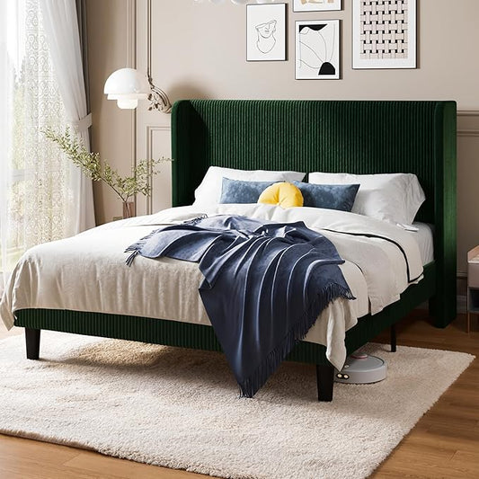 Allewie Queen Size Bed Frame with Upholstered Wingback Headboard, Vertical Channel Tufted Corduroy Velvet Platform Bed, Strong Wooden Slats Support, No Box Spring Needed, Easy Assembly, Dark Green