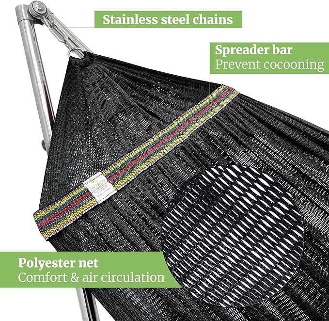 Tranquillo Double Hammock with Stand 650lb Capacity Double Hammock with Spreader Bar, Solid Grade 201 Stainless Steel 30s Set Up, Sturdy Flexible Hammock Stand Portable, Outdoor Indoor, Black