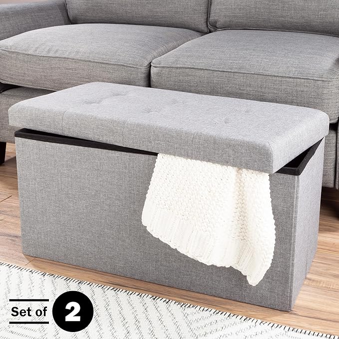 Lavish Home Set of 2 Ottomans - 30-Inch Tufted Footrest, Linen Chest, or Bench Set with Removable Bin for Living Room, Bedroom, or Dorm (Light Gray)