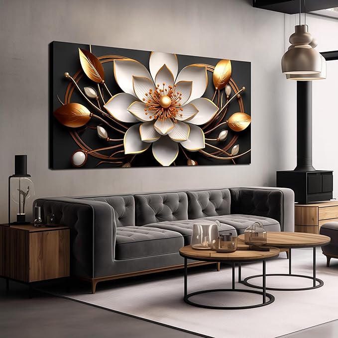 Large Artwork Canvas Wall Art for Living Room Office Room Bedroom Decor Wall Painting White and Gold Flowers Picture Modern Decorative Painting with Frame Ready to Hang Canvas Decor Size 30x60