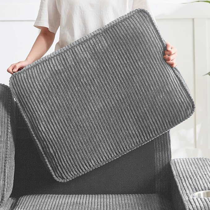 Furnimart Modern 3 Seater Couches, Cozy Deep Seat Sofa, Comfy Fluffy Couch for Living Room, Small Couches for Small Space, with Removable Sofa Cover, Grey Corduroy Fabric