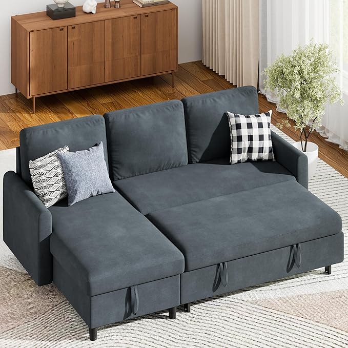 Shintenchi Sofa Couch, Sofa Bed- 2 in 1 Pull Out Couch Bed with Storage Chaise for Living Room, Sofa Bed Sectional Sofa Couch Linen Couch (Blue Grey)