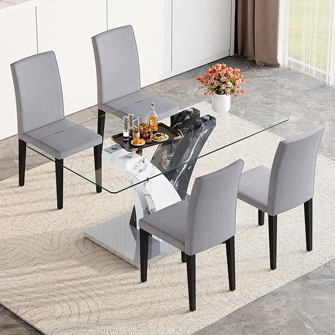 Glass Dining Table Set for 4, 63” Kitchen Table Set for 4, Modern Dining Room Table Set with Upholstered Chairs, Tempered Glass Tabletop with Y Shape Base