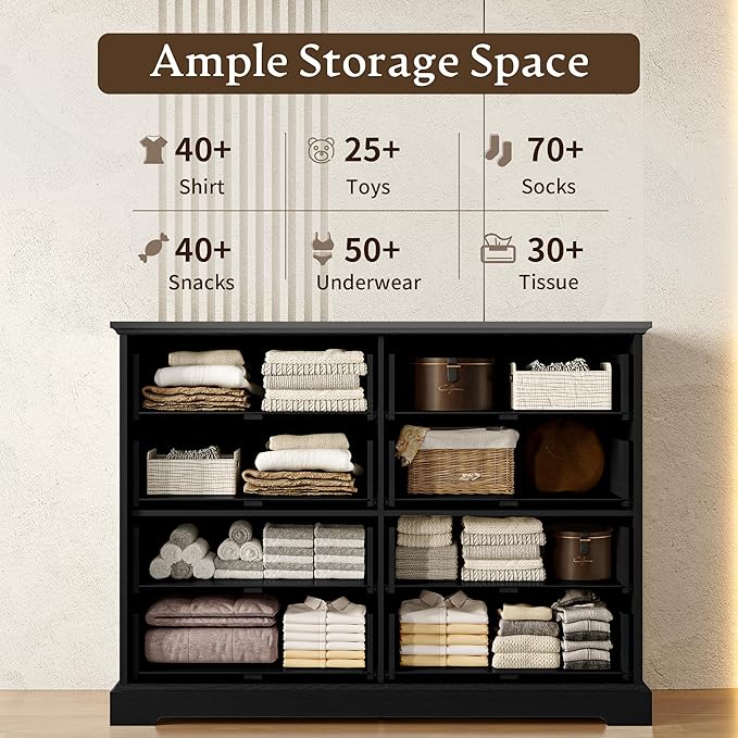 Farmhouse 8 Drawers Dresser for Bedroom, 48" Wide Modern Chest of Drawers with Deep Drawers & Bar Handles, Rustic Wood Dresser TV Stand, Wooden Closet Storage Organizer for Living Room, Hallway, Black