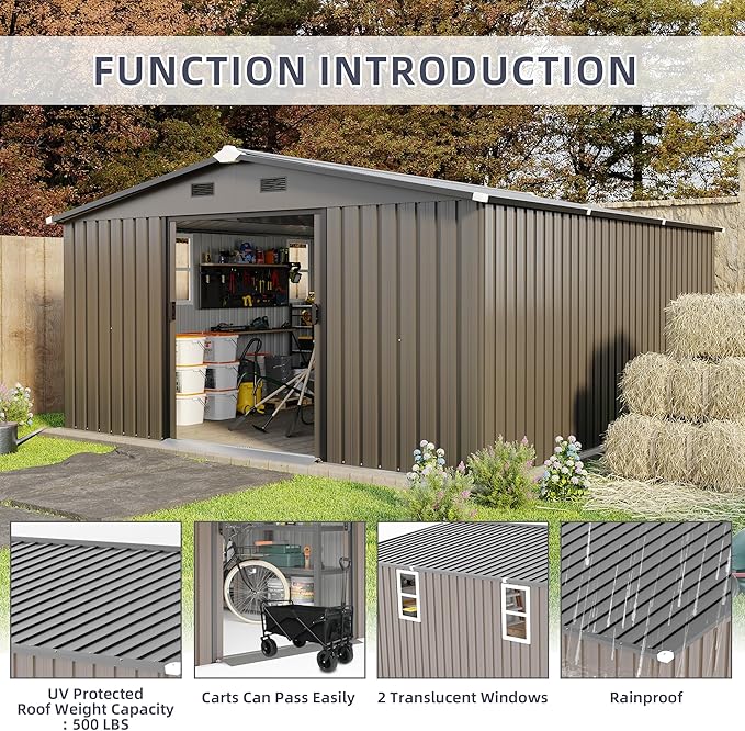 12 x 10 FT Outdoor Storage Shed, Metal Garden Tool Shed with Slooping Roof, Lockable Doors, All-Weather Bike Shed Easy to Assemble for Backyard, Patio, Lawn, Brown