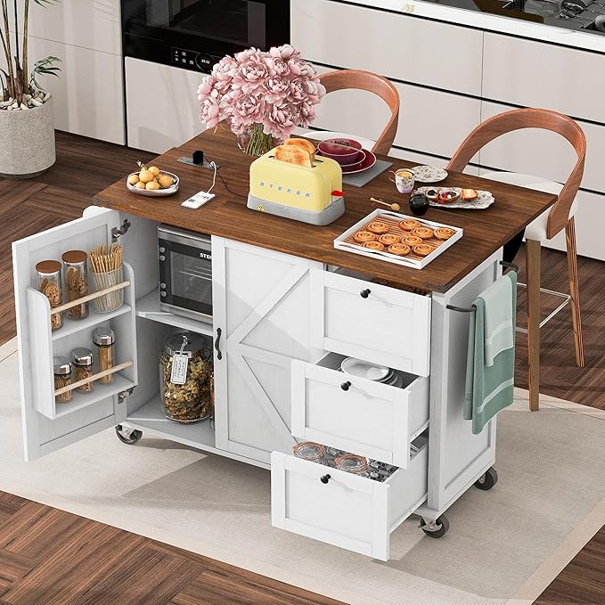 54.5" Farmhouse Kitchen Island with Power Outlet, Kitchen Storage Island with Internal Storage Rack, Drop Leaf, Spice Rack, Rolling Kitchen Cart on Wheels, for Home, Kitchen and Dining Room (White)