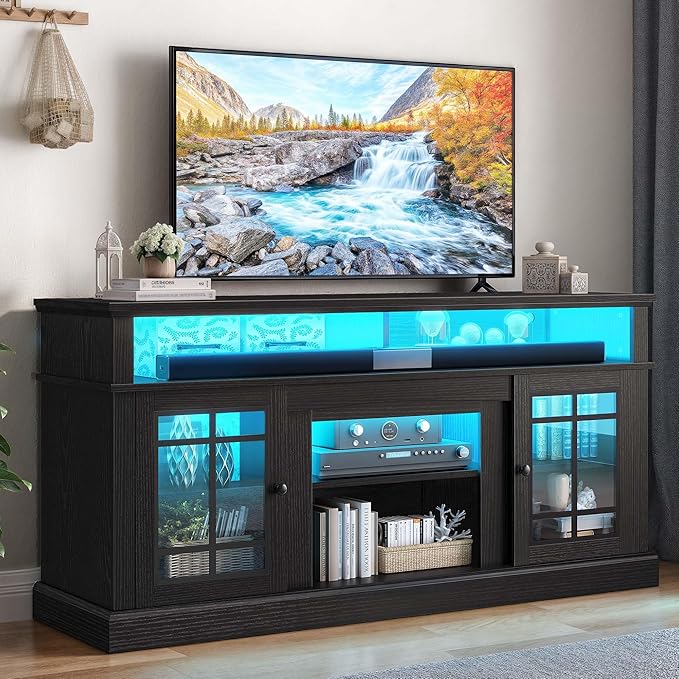 YITAHOME Black TV Stand for 75 Inch TV, LED Modern Entertainment Center with Adjustable Shelves and Glass Doors, 32'' Tall Television Stands TV Media Console Table for Living Room, Black