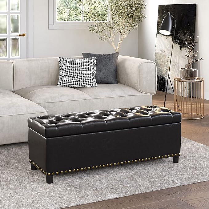 BELLEZE 47" Storage Ottoman, Storage Bench with Safety Close Hinge, Faux Leather Button-Tufted Ottoman for Living Room, Entryway, Hallway, Foot Rest, Support 300lbs - Dark Brown