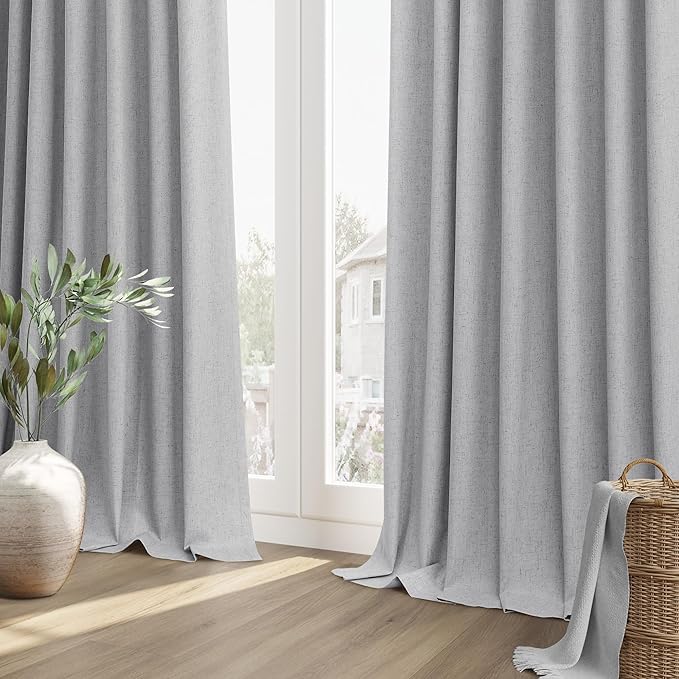 Guken Grey Linen Blackout Curtains 72 Inch Length 2 Panels Set for Living Room Bedroom Back Tab Thermal Insulated 100% Black Out Linen Drapes Room Darkening Window Curtains 72 Inches Long
