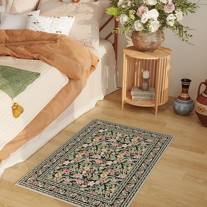 Door Mat Indoor Entrance 2x3 Rug Machine Washable Vintage Floral Small Area Rug Non-Slip Low Pile Throw Rugs for Entryway, Kitchen, Front Door Indoor Entrance, Entry, Kids Room, Green