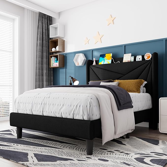 Feonase Twin Size Bed Frame with Charging Station, Upholstered Linen Platform Bed Frame with Wingback Headboard, Solid Wood Slats Support, No Box Spring Needed, Noise Free, Black