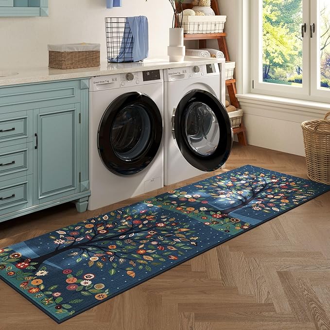 Runner Rug for Kitchen Rug Non Slip 2'x6' Washable Rugs Floral Tree with Rubber Backing Bohemian Soft Carpet Runner for Kitchen, Laundry, Bedroom, Bathroom, Blue
