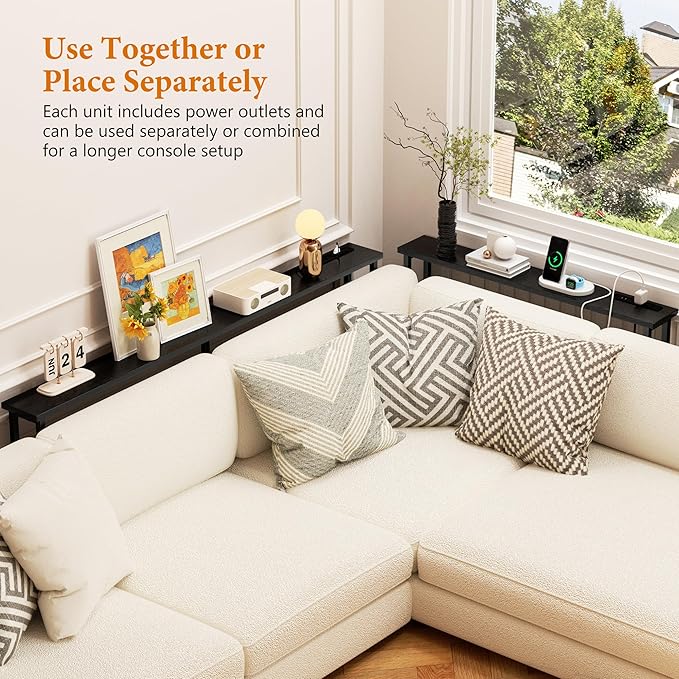 GRLEAF 39" Narrow Console Sofa Table with Built-in Power Strip (4 AC Outlets & 4 USB Ports) – 4.9ft Power Cord, Metal Frame, Easy Assembly, Ideal for Behind Couch, Hallway, and Home Office | Black