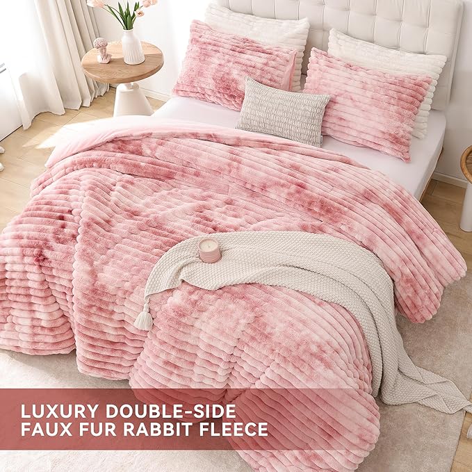 Smoofy Fluffy Full Size Comforter Sets 3 Pieces - Tie-dye Pink Fleece Fluffy Comforter Set, Luxury Fuzzy Full Bed Set, Soft Comforter Full Size All Season, Heavy Faux Fur Comforter with 2 Pillow Case