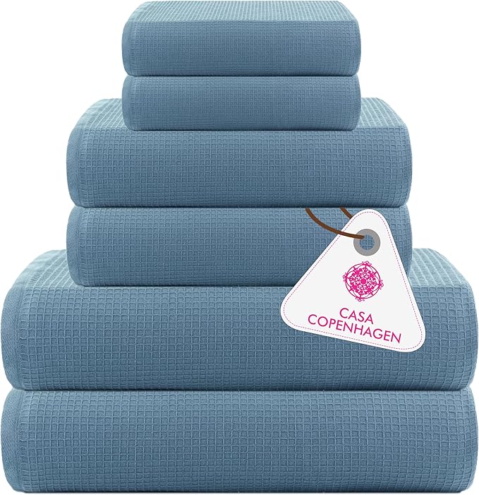 CASA COPENHAGEN Waffle Terry Towel 6Pcs Set, Cotton Extra Large Luxurious- Dusty Blue, 2Bath Sheets XL- 35 x 70 Inch, 2Large Hand Towels- 20 x 31Inch, 2Large Washcloths- 16 x 16 Inch
