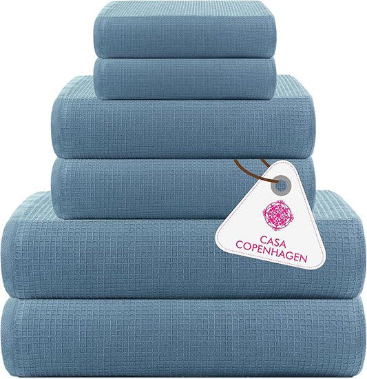 CASA COPENHAGEN Waffle Terry Towel 6Pcs Set, Cotton Extra Large Luxurious- Dusty Blue, 2Bath Sheets XL- 35 x 70 Inch, 2Large Hand Towels- 20 x 31Inch, 2Large Washcloths- 16 x 16 Inch