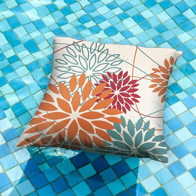 Orange and Red Floral Pillow Covers 16x16 Set of 2 Outdoor Waterproof Decorative Throw Pillows Fall Pillow Covers Polyester Cushion Case Decor for Couch Patio Funiture Garden Porch 01W16