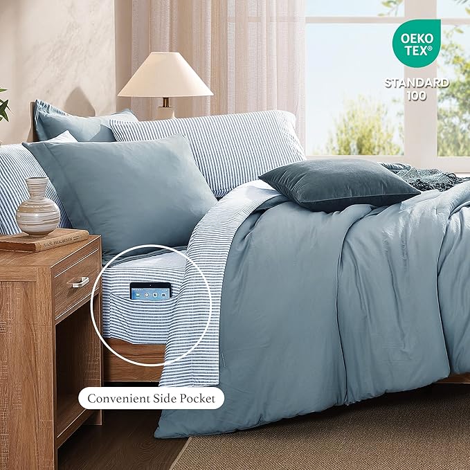 Monbix Queen Comforter Set - 7 Pieces Dusty Blue Prewashed Bed in a Bag Queen Bedding Sets with Comforters, All Seasons Down Alternative Comforter Bed Set with Sheets,Pillowcases & Shams