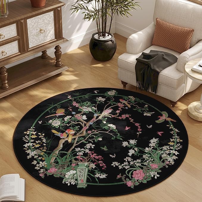 Circle Rug 4ft Chinoiserie-Style Floral Vintage Washable Round Rug Non Slip Low Pile Small Circular Rug for Bedroom, Bathroom, Entryway, Kids Room, Office, Black