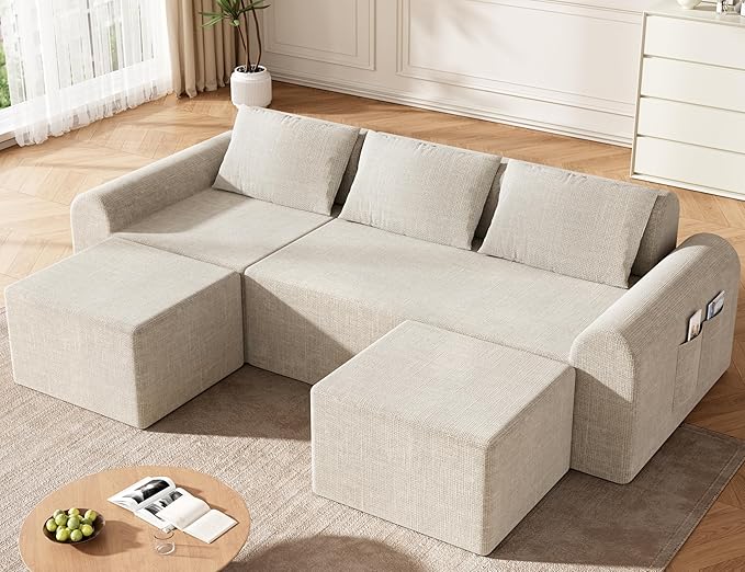 Cloud Sectional Couch with 2 Ottomans & 3 Pillows, Boneless Couches for Living Room, U Shaped Sectional Sofa Deep Seat Comfy Couch for Small Spaces, No Assembly Required, 72h to Restore
