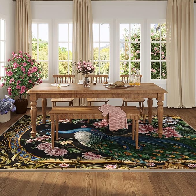 Living Room Rug 5x7 Rug Machine Washable Floral Peacock Area Rug Non Slip Floral Animal Vintage Low Pile Large Rugs for Living Room, Bedroom, Farmhouse, Dining Room, Kids Playroom (Black)