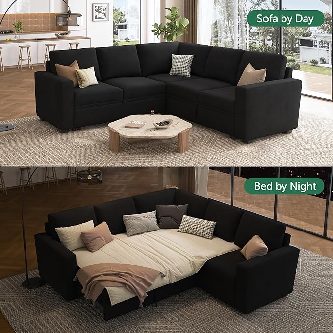 HONBAY Sectional Sleeper Sofa with Pull Out Bed, Velvet L Shaped Couch with Storage Seat, Modular Sectional Couches for Living Room, Black