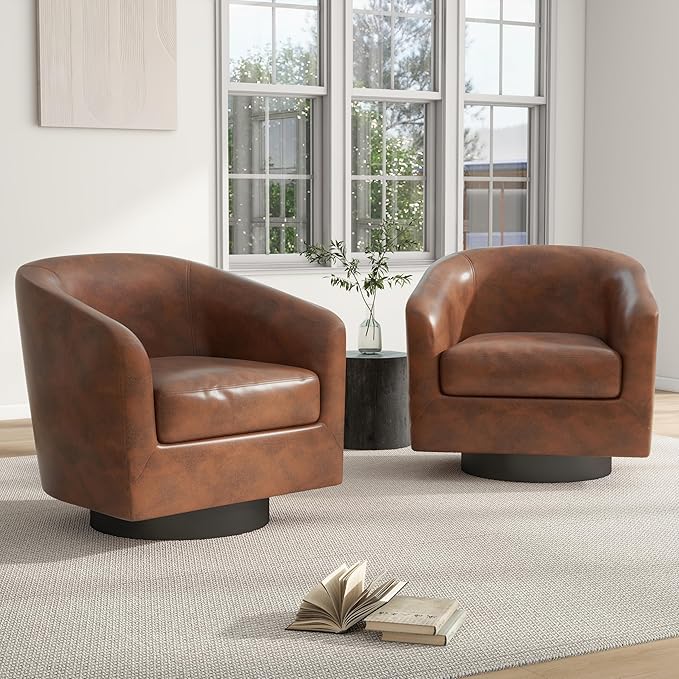 Swivel Barrel Chair, Modern Round PU Leather Accent Armchair for Living Room, Bedroom, Oversized Comfy Club Reading Chairs for Adults (Leather Coffee, Set of 2)