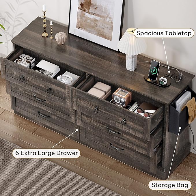 DWVO Farmhouse 6 Drawers Dresser, 59" Wide Wood Rustic Chest of Drawers with Nice Texture, Vintage Design, Storage Dressers Organizer for Living Room, Hallway, Dark Rustic Oak