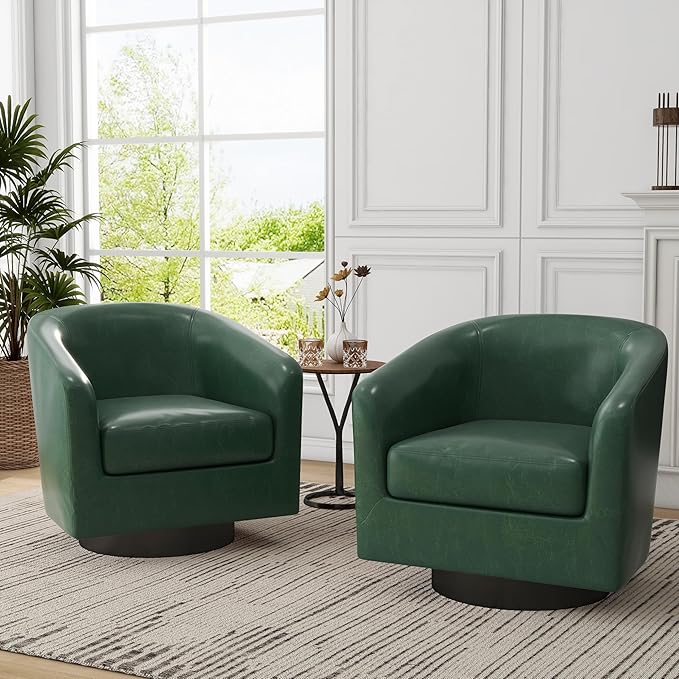 UIXE 360° Swivel Barrel Accent Chair Armchair, PU Leather Round Club Arm Chair for Lving Room, Modern Upholstered Small Bedroom Single Sofa Seat - Green, Set of 4