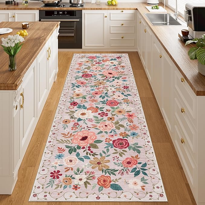 DUKINO 2x10 Runner Rug for Hallway, Washable Kitchen Runner Rug with Non Slip Backing, Low Pile Soft Boho Floral Carpet Carpet for Kitchen, Hallway, Entryway, Laundry, Bedroom, Beige