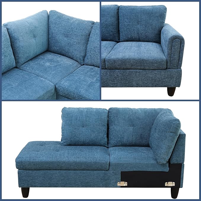 L Shaped Couch Sectional Couches with Chaise and Storage Ottoman, 3 Pieces Modular Convertible Sofa for Living Room Furniture Sets and Small Apartment, Blue