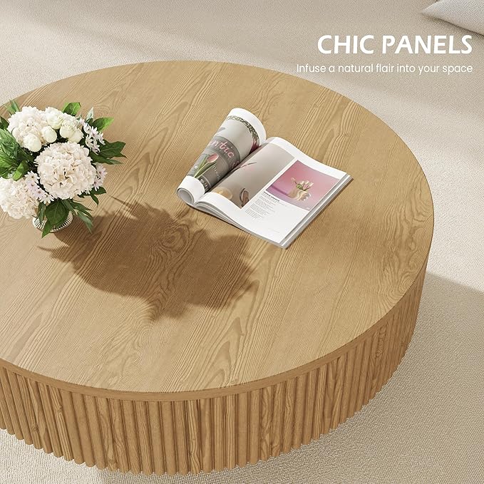 31.5” Round Fluted Coffee Table, Modern Wood Circle Coffee Table, Veneer Handcrafted Relief Tea Table with Sturdy Pedestal for Living Room - Natural