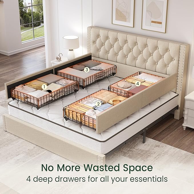 King Size Bed Frame with 4 Storage Drawers and Tufted Headboard Linen Upholstered Platform Bed Frame with Heavy Duty Wood Slats, No Box Spring Needed, Easy Assembly, Beige