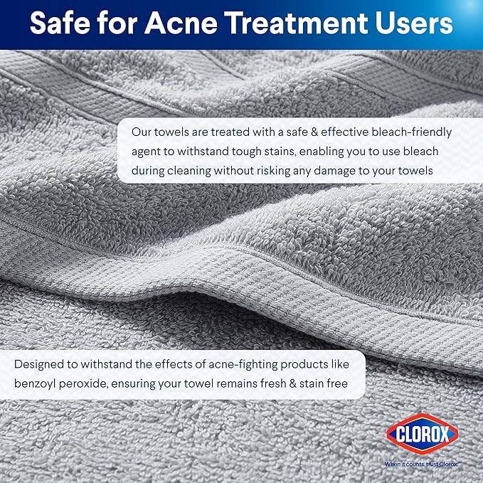 CLOROX Bleach Friendly Towels, Quick Dry, 100% Cotton Hand Towels (16" x 26"), Highly Absorbent Soft Lightweight, Ideal for Everyday Use, Easy to Wash (2 Pack, Light Grey)