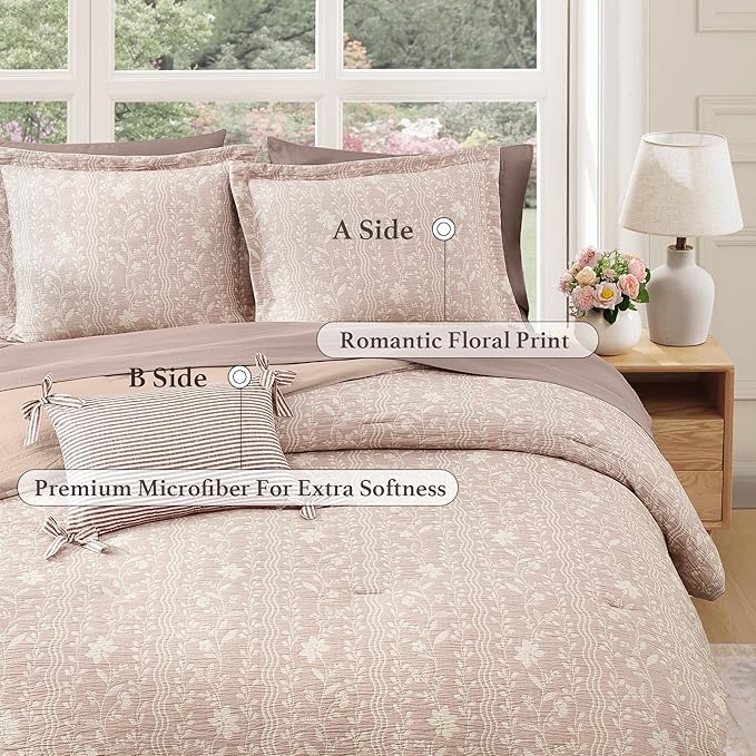 Full Comforter Set -7 Pieces Botanical Almond Pink Comforter Set for All Seasons, Bed in a Bag Full with Flowers Floral Comforter, Sheets, Pillowcases & Shams