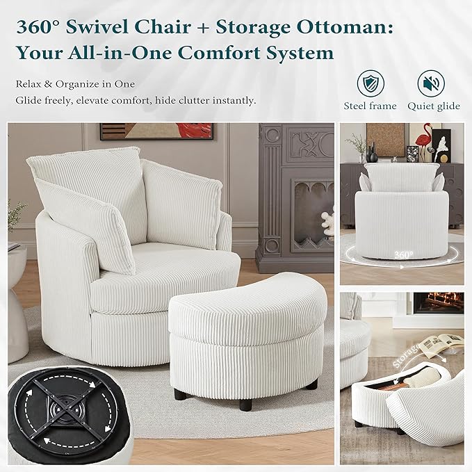 Swivel Accent Chair with Ottoman Comfy Reading Chairs for Bedroom Modern Corduroy Arm Chair 360°Swivel Barrel Chairs for Living Room,Apartment (White, 2)