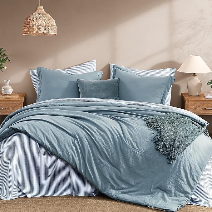 Monbix Queen Comforter Set - 7 Pieces Dusty Blue Prewashed Bed in a Bag Queen Bedding Sets with Comforters, All Seasons Down Alternative Comforter Bed Set with Sheets,Pillowcases & Shams