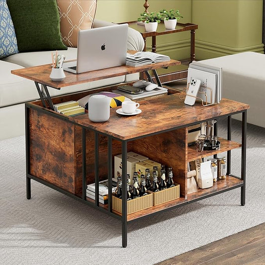 Lift Top Coffee Table with Storage,Square Coffee Tables with Hidden Compartment,Farmhouse Rustic Lift Tabletop Pottery Barn Coffee Table with Opening Drawers for Living Room,Assemble Required