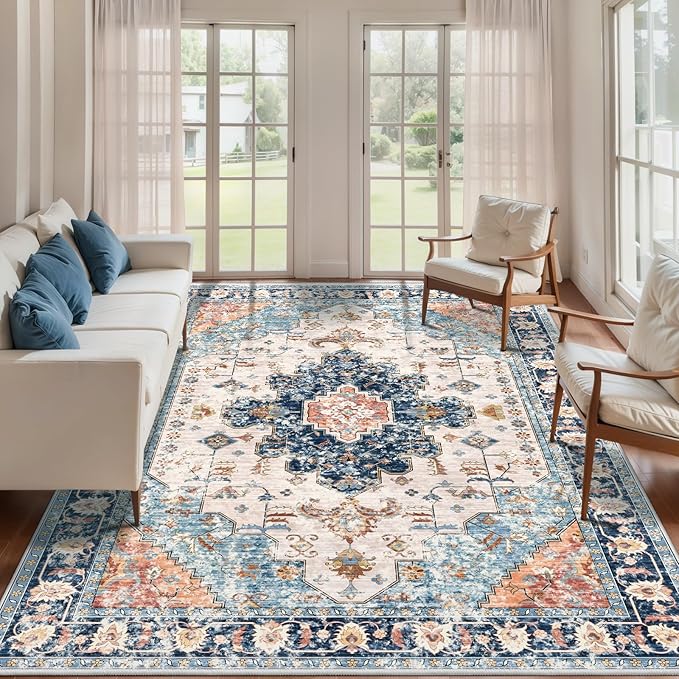 Tangsoo 4x6 Area Rug for Living Room, Washable Vintage Indoor, Distressed Blue/Beige Carpet for Bedroom, Non Slip Dining Room, Soft Low Pile Rugs Foldable for Dorm Bedside Bathroom