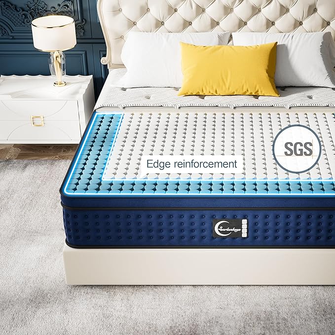 Memory Foam Innerspring Mattress - 14 Inch King Size Mattress for Back Pain Relief, Medium Firm with Reinforced Edge Support, Navy