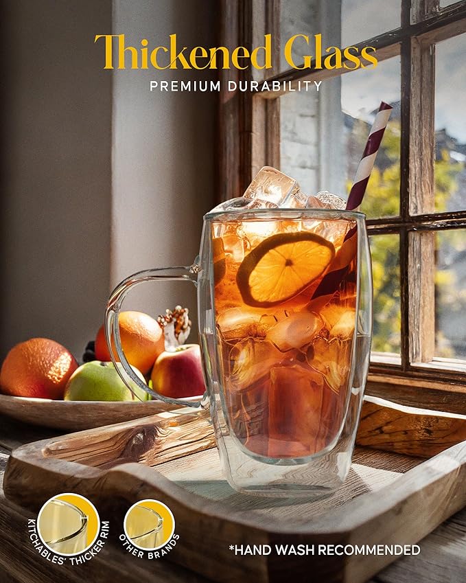 Kitchables Double Walled Glass Coffee Mugs Set of 2, 15oz - Insulated Glass Coffee Mugs for Cappuccino, Latte, Tea, Espresso - Latte Cup - Tazas Para Cafe