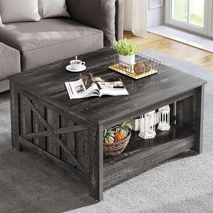 YITAHOME Coffee Tables Farmhouse Coffee Table with Storage Rustic Wood Cocktail Table,Square Coffee Table for Living Meeting Room with Half Open Storage Compartment,Dark Rustic Oak