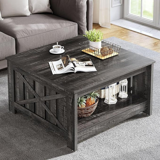 YITAHOME Coffee Tables Farmhouse Coffee Table with Storage Rustic Wood Cocktail Table,Square Coffee Table for Living Meeting Room with Half Open Storage Compartment,Dark Rustic Oak