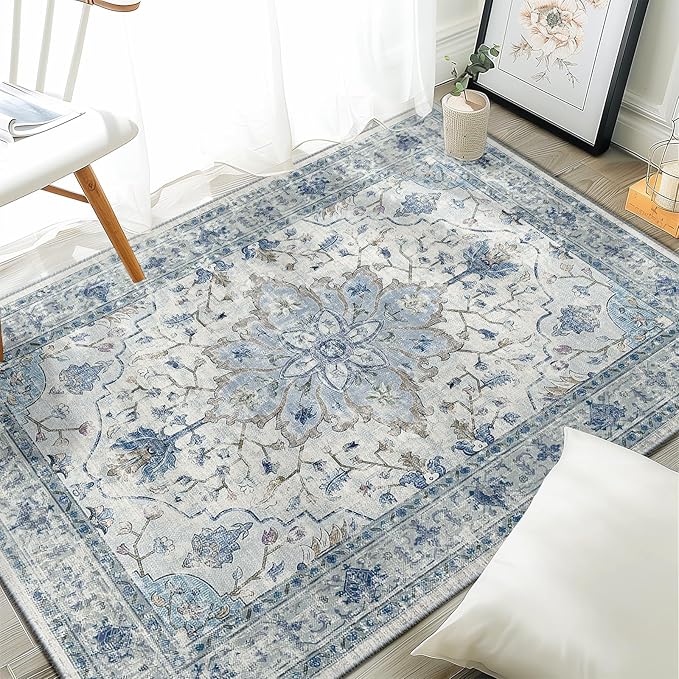 Area Rugs 2'x3' Washable Non-Slip, Floral Vintage Distress Print Pattern Medallion Carpet for Living Room Bedroom Dining Room, Light Blue Navy Beige Gray White