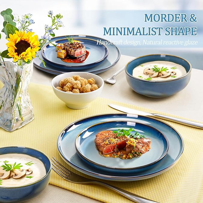 Plates and Bowls Sets, Ceramic Dinnerware Sets, 12 Pieces Modern Stoneware Dinnerware Set for 4, Reactive Glaze Dinnerware Set for Home Kitchen, Scratch Resistant, Microwave and Dishwasher