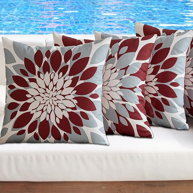 Qahing Pack of 4 Outdoor Waterproof Pillow Covers 24x24 Decorative Outdoor Throw Pillows Garden Square Cushion Cases for Patio Furniture, Couch, Tent Sunbrella, Bench, Burgundy Red Grey