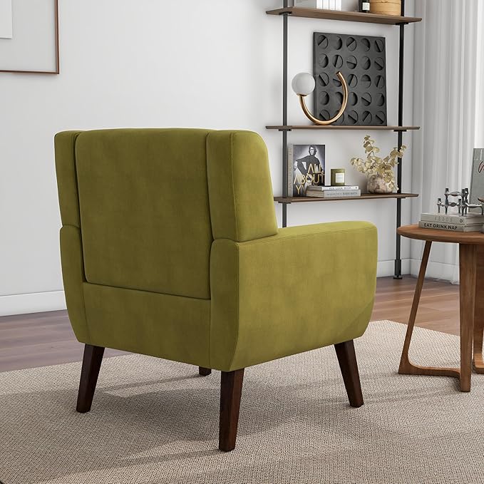 Accent Chair, Mid-Century Modern Velvet Fabric Chairs with Arms for Living Room, Comfy Upholstered Club Single Sofa Armchair for Bedroom Waiting Room with Solid Wood Frame (Velvet Green, Set of 1)
