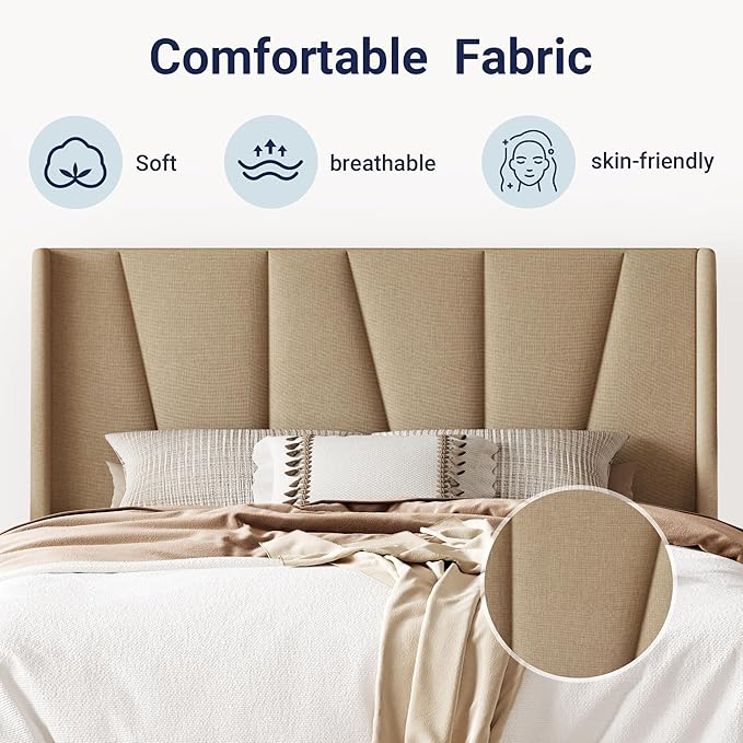 Allewie Queen Size Platform Bed Frame with Geometric Wingback Headboard, Modern Upholstered Bed with Wooden Slats Support, No Box Spring Needed, Easy Assembly, Beige