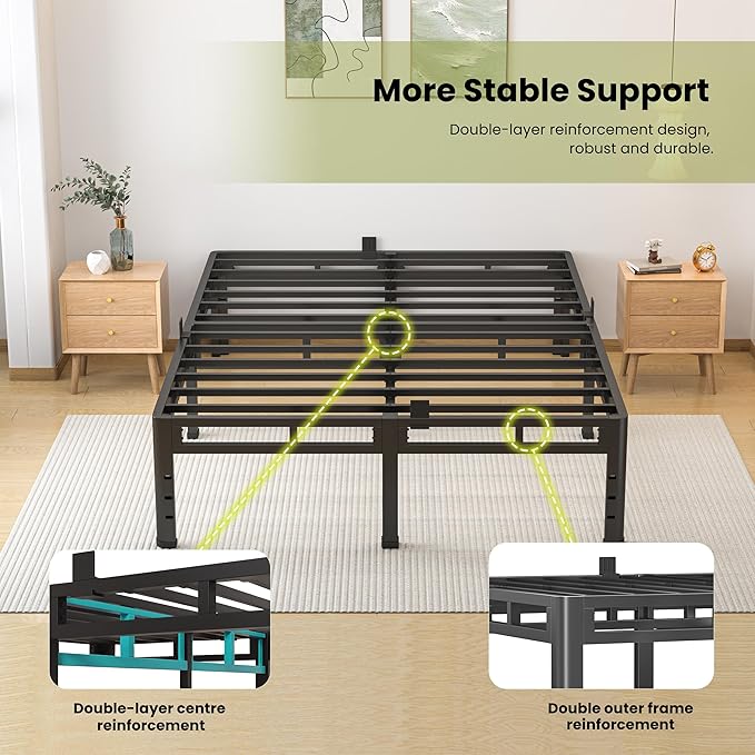 NKZ Queen Size Bed Frame 14 Inch, Metal Bed Frame & Box Spring 2 in 1 Platform with Round Corner Legs, 4000lbs Weight Capacity Reinforced Metal Frame, Headboard Hole, Noise-Free, Easy Assembly